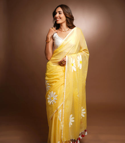 Kanak Mulmul Cotton Hand-Painted Daisy Saree