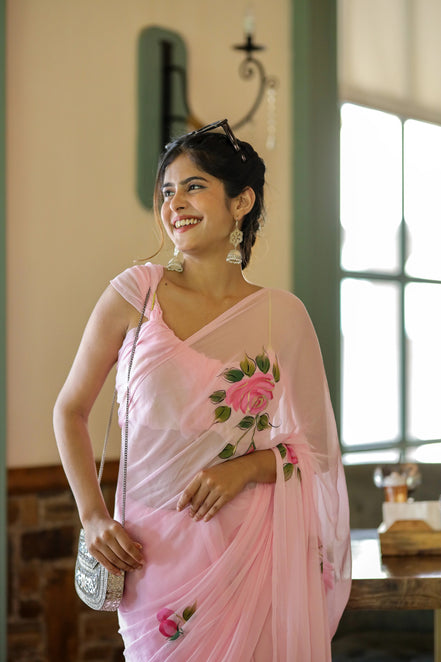 Pravya Pink Chiffon Hand-Painted Saree – Romantic Florals in a Dreamy Drape