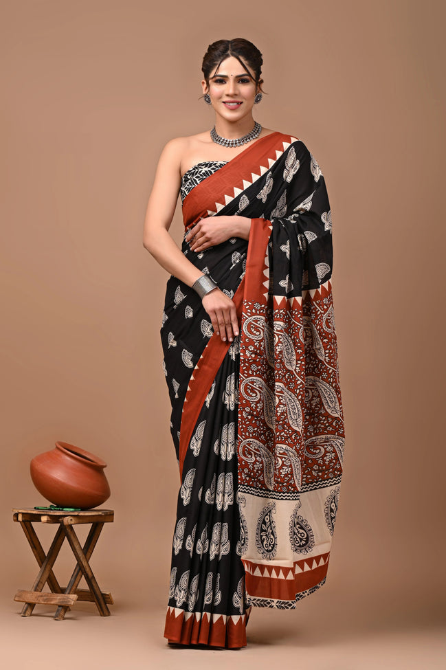 Charvi Black & Rust Handblock Mulmul Cotton Saree – Timeless Paisley Elegance