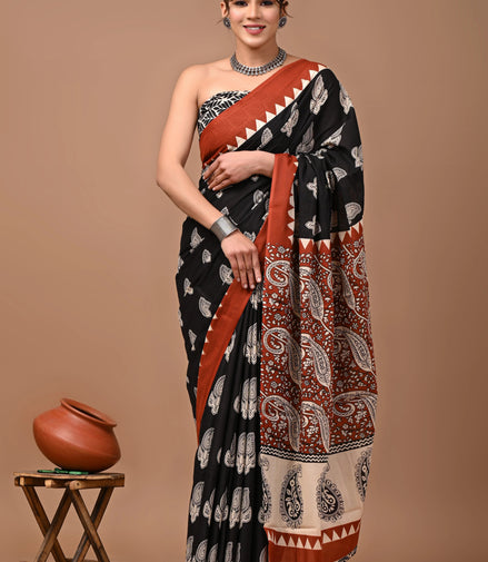 Charvi Black & Rust Handblock Mulmul Cotton Saree – Timeless Paisley Elegance