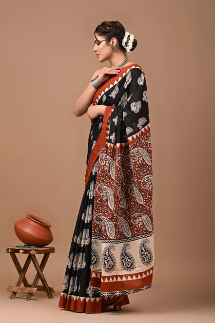 Charvi Black & Rust Handblock Mulmul Cotton Saree – Timeless Paisley Elegance