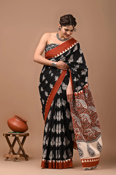 Charvi Black & Rust Handblock Mulmul Cotton Saree – Timeless Paisley Elegance