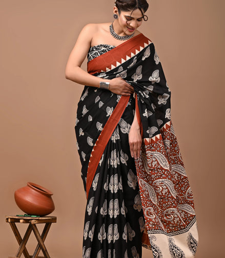 Charvi Black & Rust Handblock Mulmul Cotton Saree – Timeless Paisley Elegance