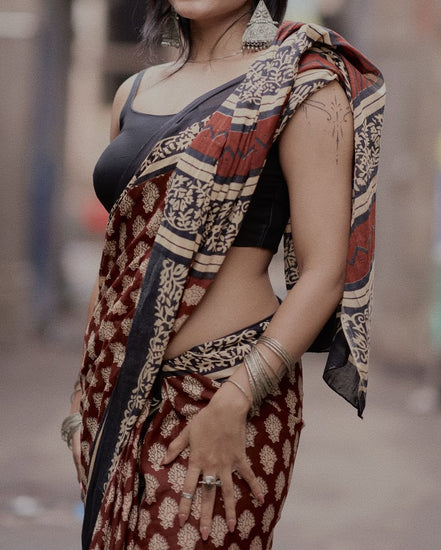 "Avani" - Maroon & Black Bagru Handblock Mulmul Saree