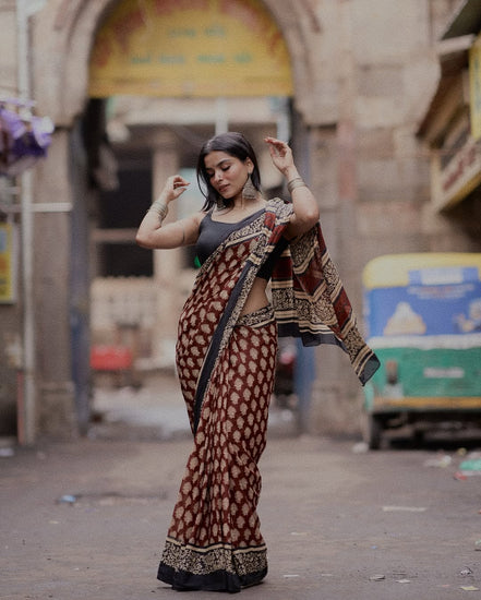"Avani" - Maroon & Black Bagru Handblock Mulmul Saree