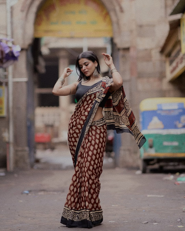 "Avani" - Maroon & Black Bagru Handblock Mulmul Saree