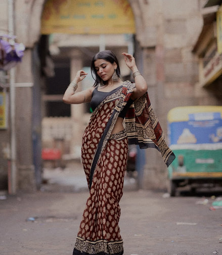 "Avani" - Maroon & Black Bagru Handblock Mulmul Saree