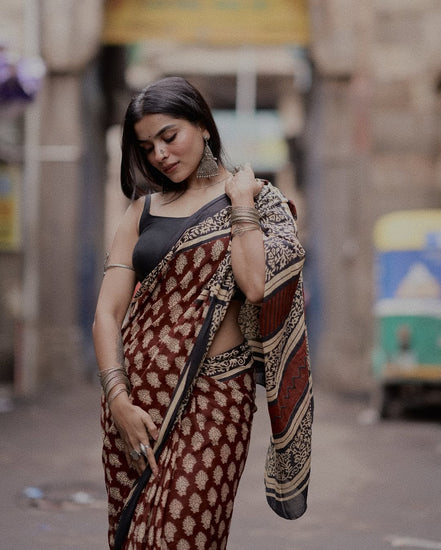 "Avani" - Maroon & Black Bagru Handblock Mulmul Saree