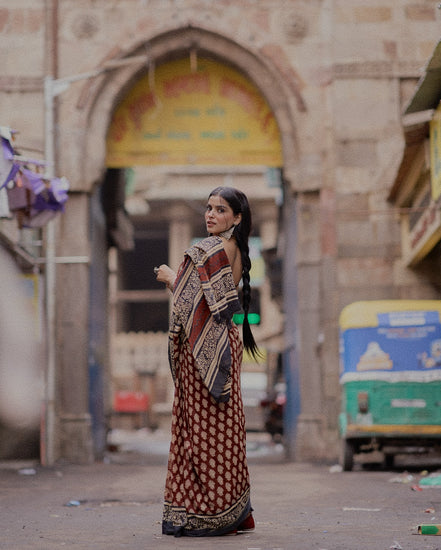 "Avani" - Maroon & Black Bagru Handblock Mulmul Saree