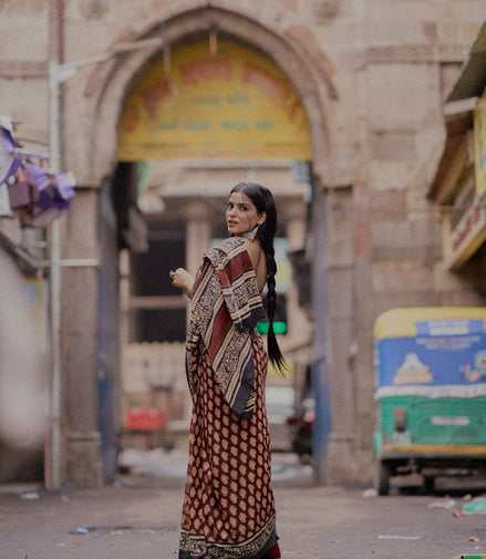 "Avani" - Maroon & Black Bagru Handblock Mulmul Saree