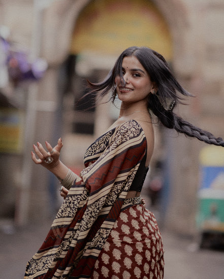 "Avani" - Maroon & Black Bagru Handblock Mulmul Saree
