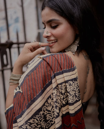 "Avani" - Maroon & Black Bagru Handblock Mulmul Saree