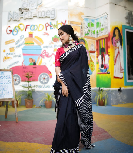 "Rekha" - Black Mulmul Cotton Saree with Striped Pallu