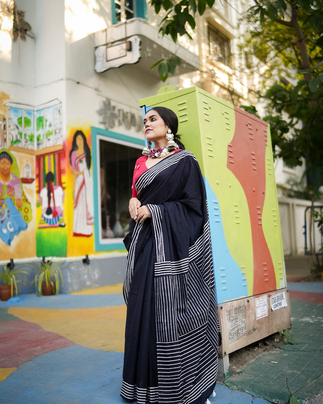 "Rekha" - Black Mulmul Cotton Saree with Striped Pallu