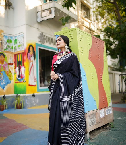 "Rekha" - Black Mulmul Cotton Saree with Striped Pallu