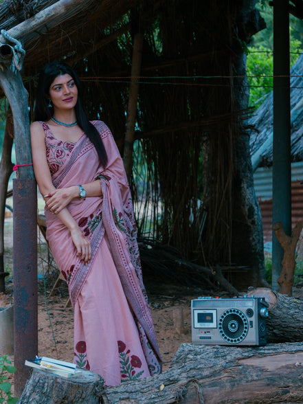 "Saumya" - Pink Sanganeri Floral Handblock Mulmul Saree