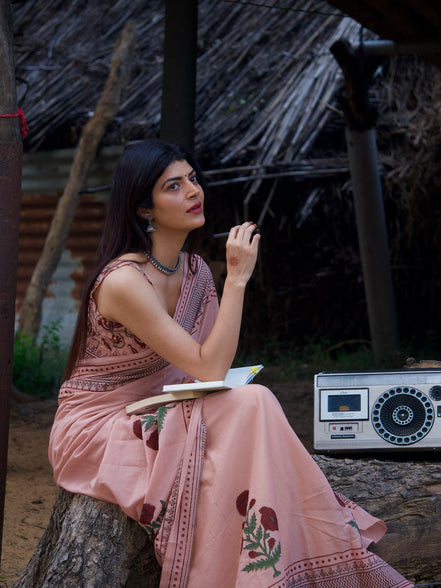 "Saumya" - Pink Sanganeri Floral Handblock Mulmul Saree