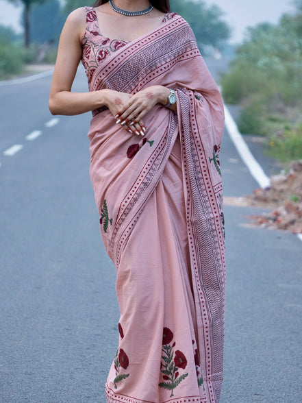 "Saumya" - Pink Sanganeri Floral Handblock Mulmul Saree