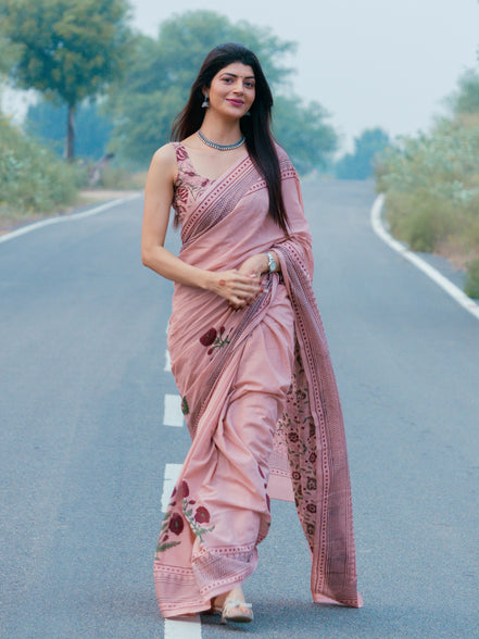 "Saumya" - Pink Sanganeri Floral Handblock Mulmul Saree