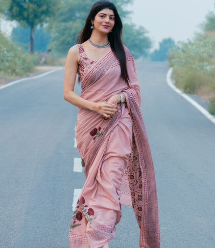 "Saumya" - Pink Sanganeri Floral Handblock Mulmul Saree