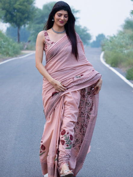 "Saumya" - Pink Sanganeri Floral Handblock Mulmul Saree