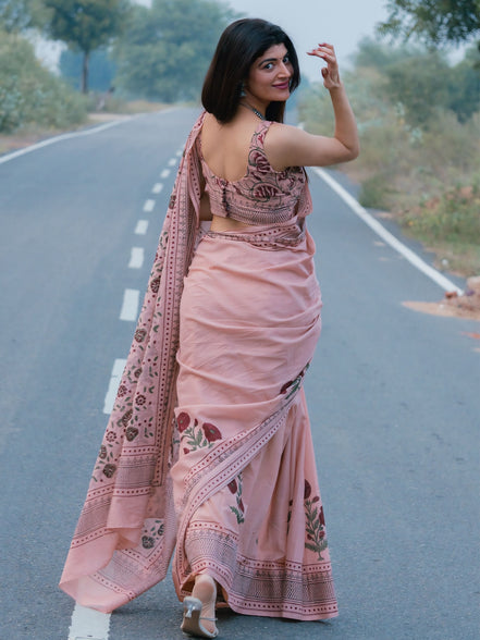 "Saumya" - Pink Sanganeri Floral Handblock Mulmul Saree