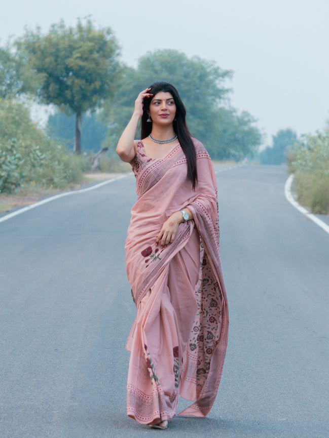 "Saumya" - Pink Sanganeri Floral Handblock Mulmul Saree