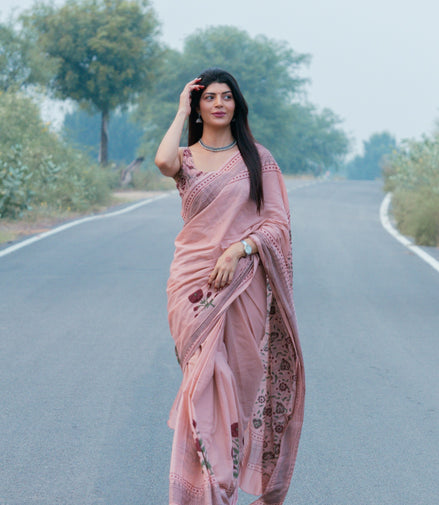 "Saumya" - Pink Sanganeri Floral Handblock Mulmul Saree