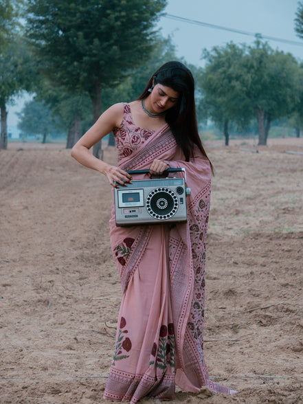 "Saumya" - Pink Sanganeri Floral Handblock Mulmul Saree