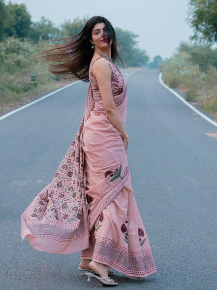 "Saumya" - Pink Sanganeri Floral Handblock Mulmul Saree