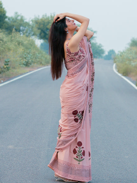 "Saumya" - Pink Sanganeri Floral Handblock Mulmul Saree