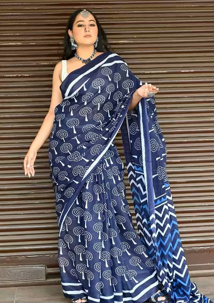 Ambara Indigo Mulmul Cotton Saree – Buti Handblock Elegance