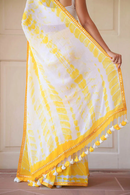 Yellow & White Mulmul Cotton Tie-Dye Saree with Tassels