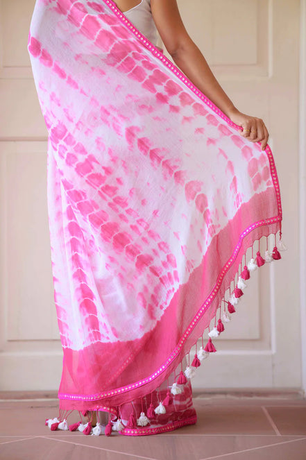 Hot Pink & White Mulmul Cotton Tie-Dye Saree with Tassels