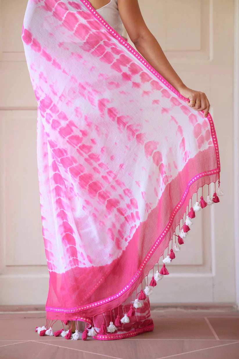 Hot Pink & White Mulmul Cotton Tie-Dye Saree with Tassels