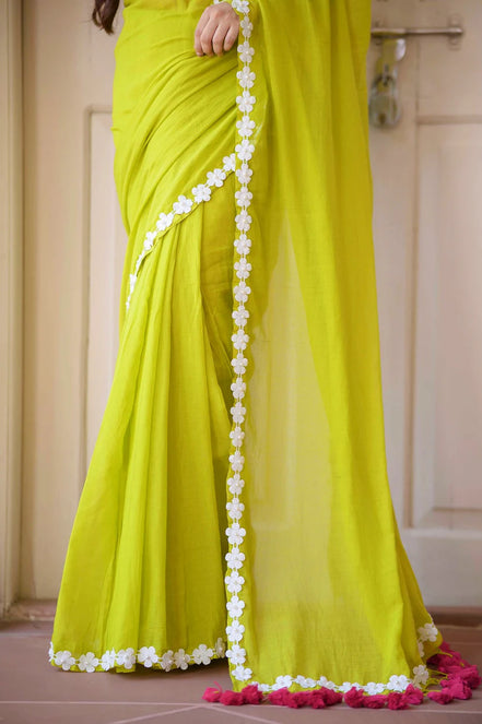 Neon Green Mulmul Cotton Saree with Daisy Lace & Tassel Detailing