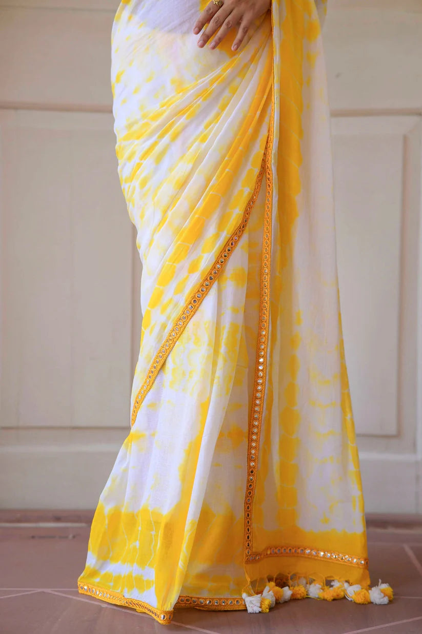 Yellow & White Mulmul Cotton Tie-Dye Saree with Tassels