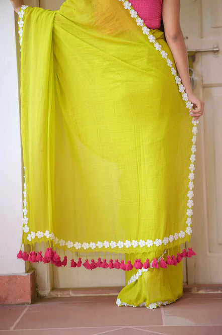 Neon Green Mulmul Cotton Saree with Daisy Lace & Tassel Detailing