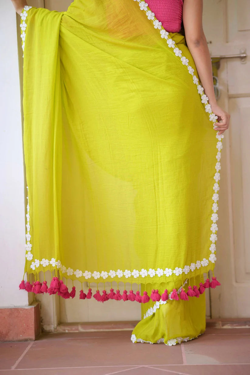 Neon Green Mulmul Cotton Saree with Daisy Lace & Tassel Detailing