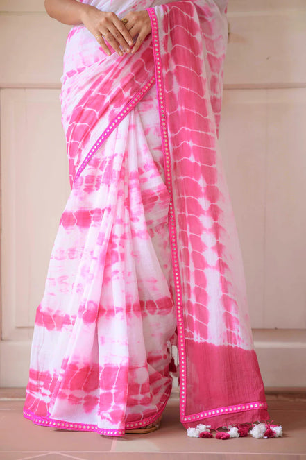 Hot Pink & White Mulmul Cotton Tie-Dye Saree with Tassels