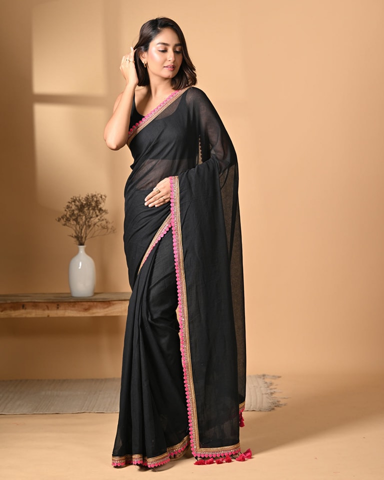 Midnight Grace Black Mulmul Cotton Saree with Golden-Pink Tassels