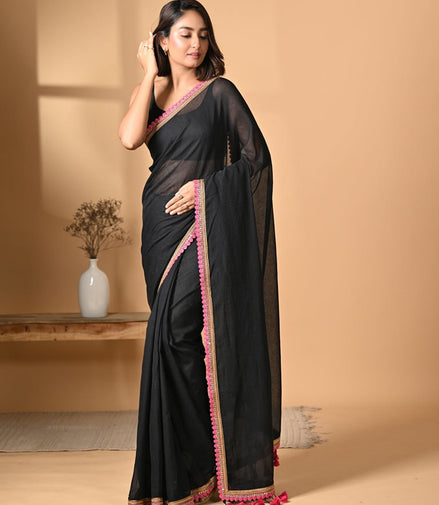 Midnight Grace Black Mulmul Cotton Saree with Golden-Pink Tassels