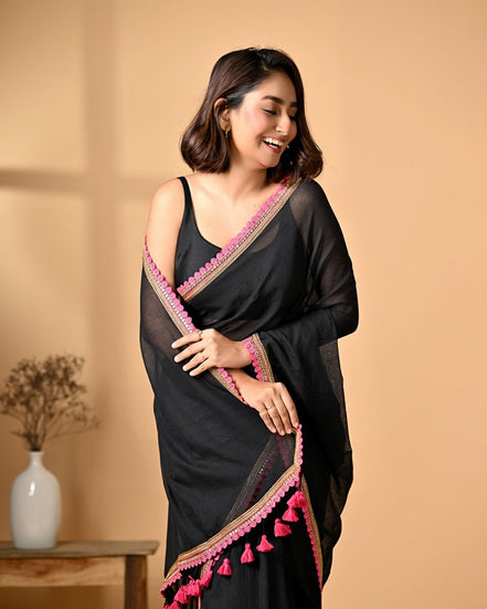 Midnight Grace Black Mulmul Cotton Saree with Golden-Pink Tassels