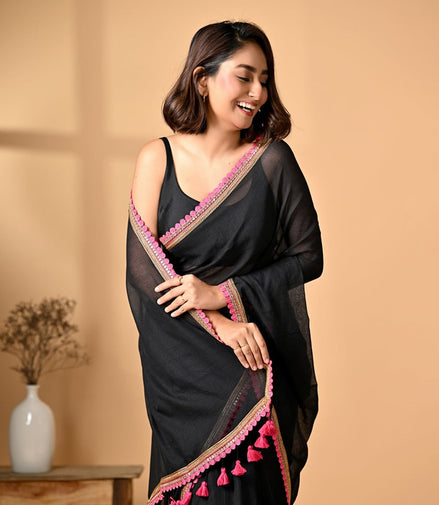 Midnight Grace Black Mulmul Cotton Saree with Golden-Pink Tassels