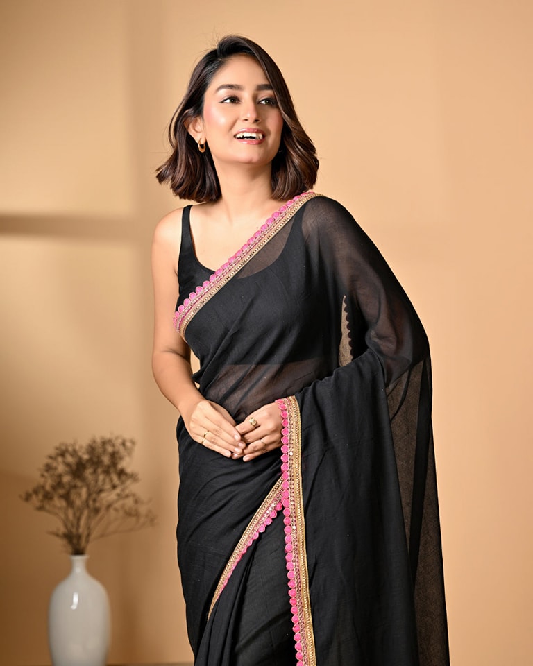 Midnight Grace Black Mulmul Cotton Saree with Golden-Pink Tassels