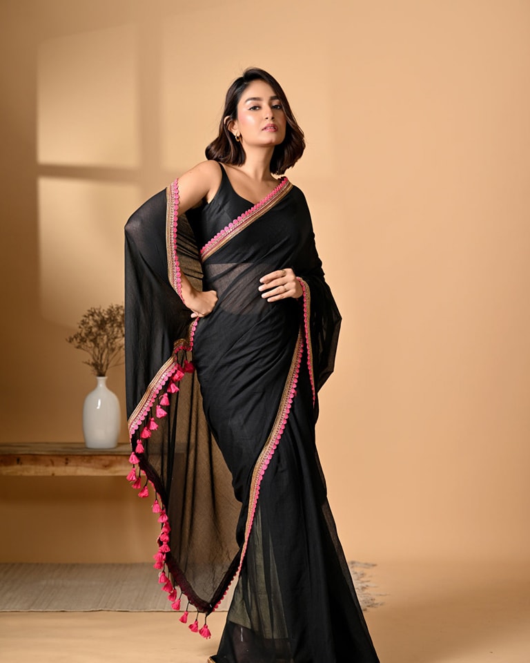 Midnight Grace Black Mulmul Cotton Saree with Golden-Pink Tassels
