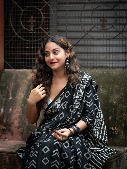 "Mohar" - Modern Black & White Handblock Mulmul Saree