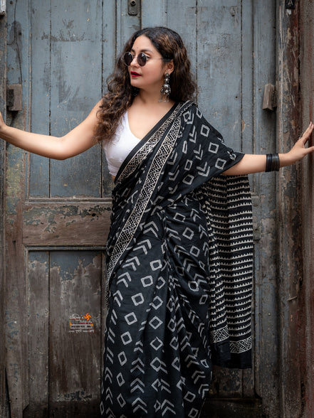 "Mohar" - Modern Black & White Handblock Mulmul Saree