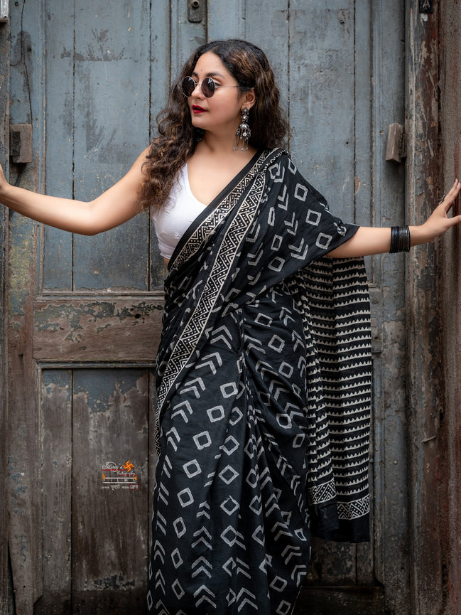 "Mohar" - Modern Black & White Handblock Mulmul Saree