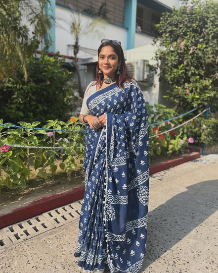 Indigo Blue Cotton Mulmul Handblock Saree
